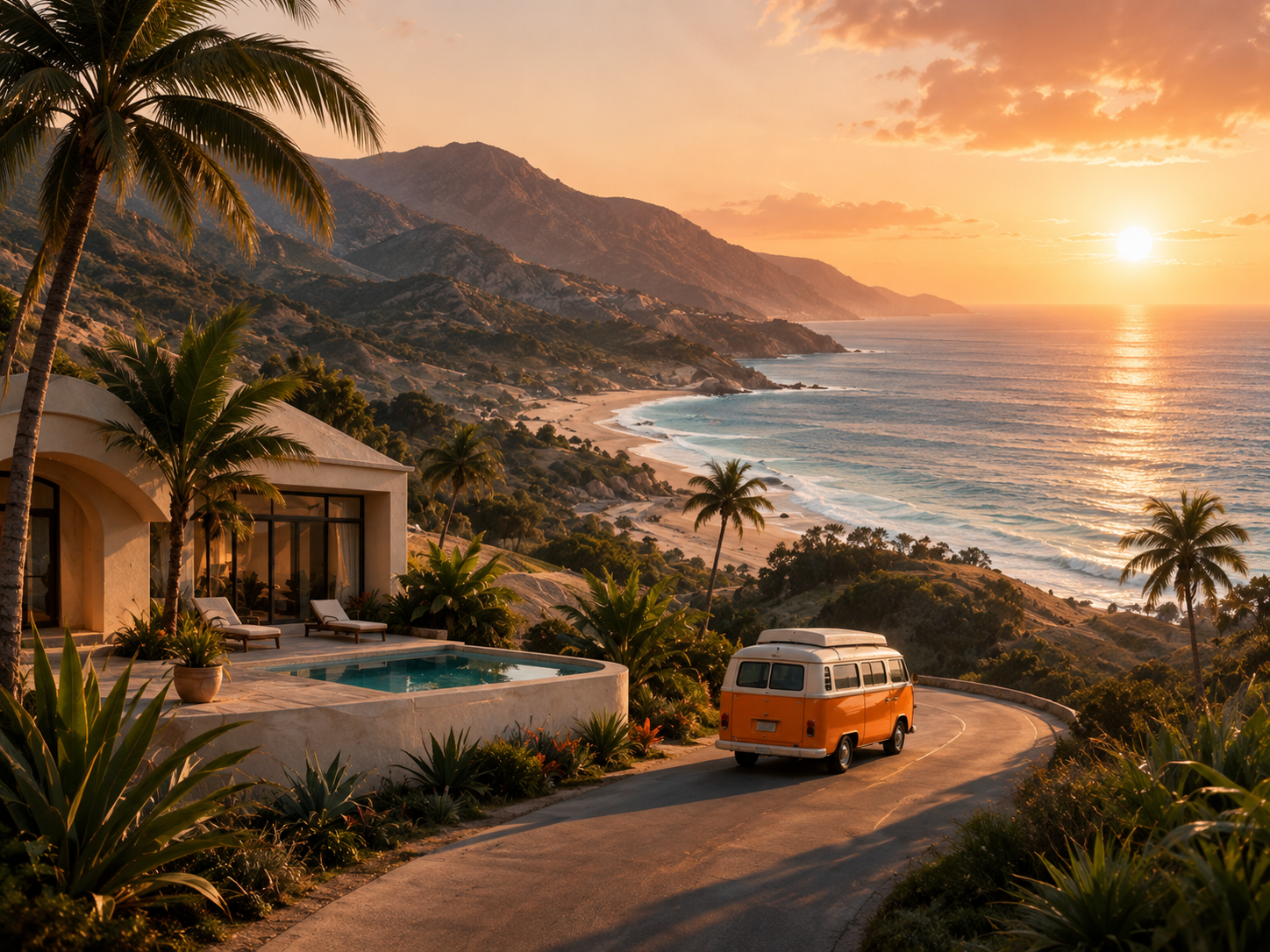 Warm travel scene with coastal hotel atmosphere